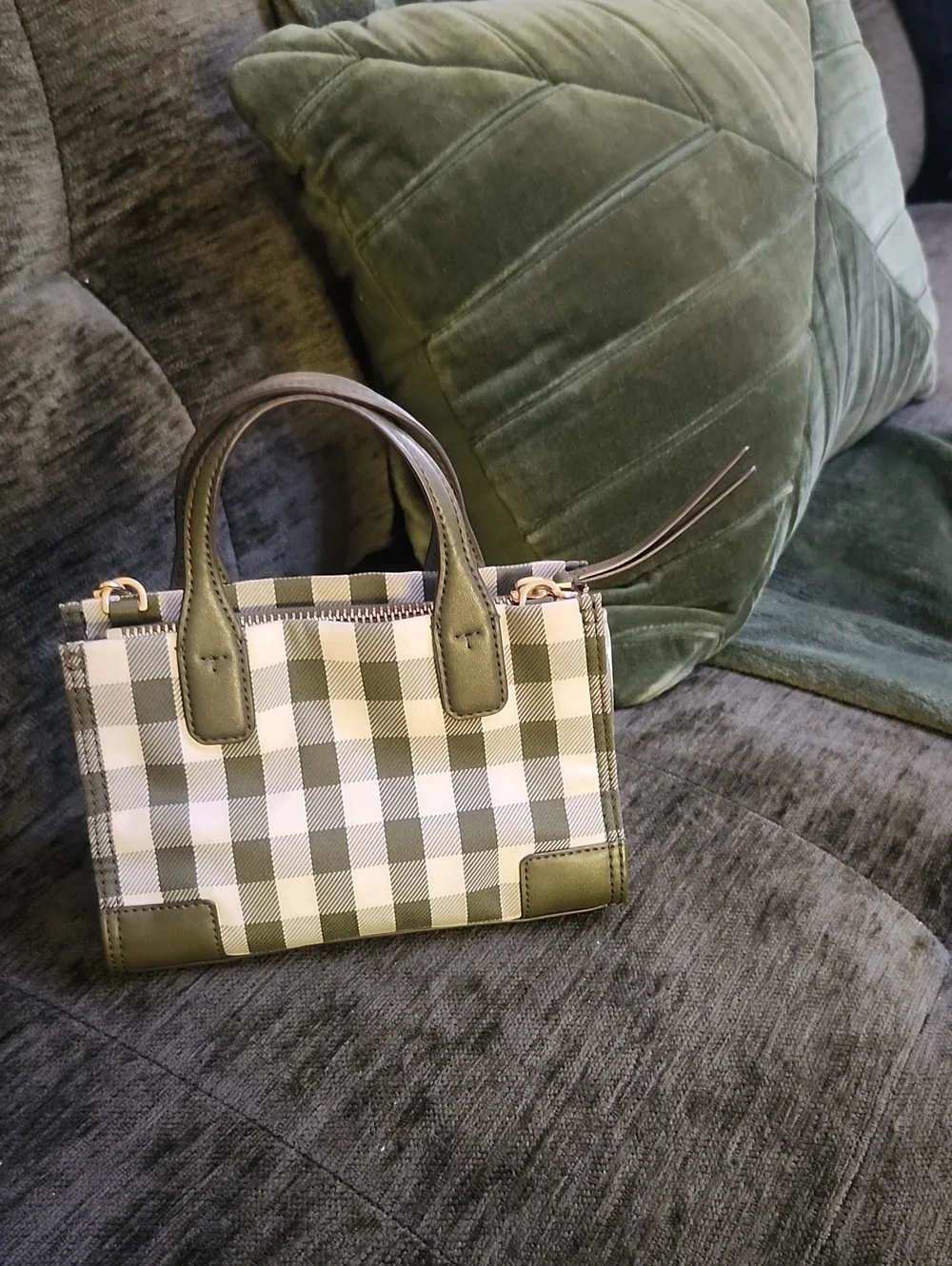 Tory Burch Ella Micro Tote in Olive Green & White Gingham